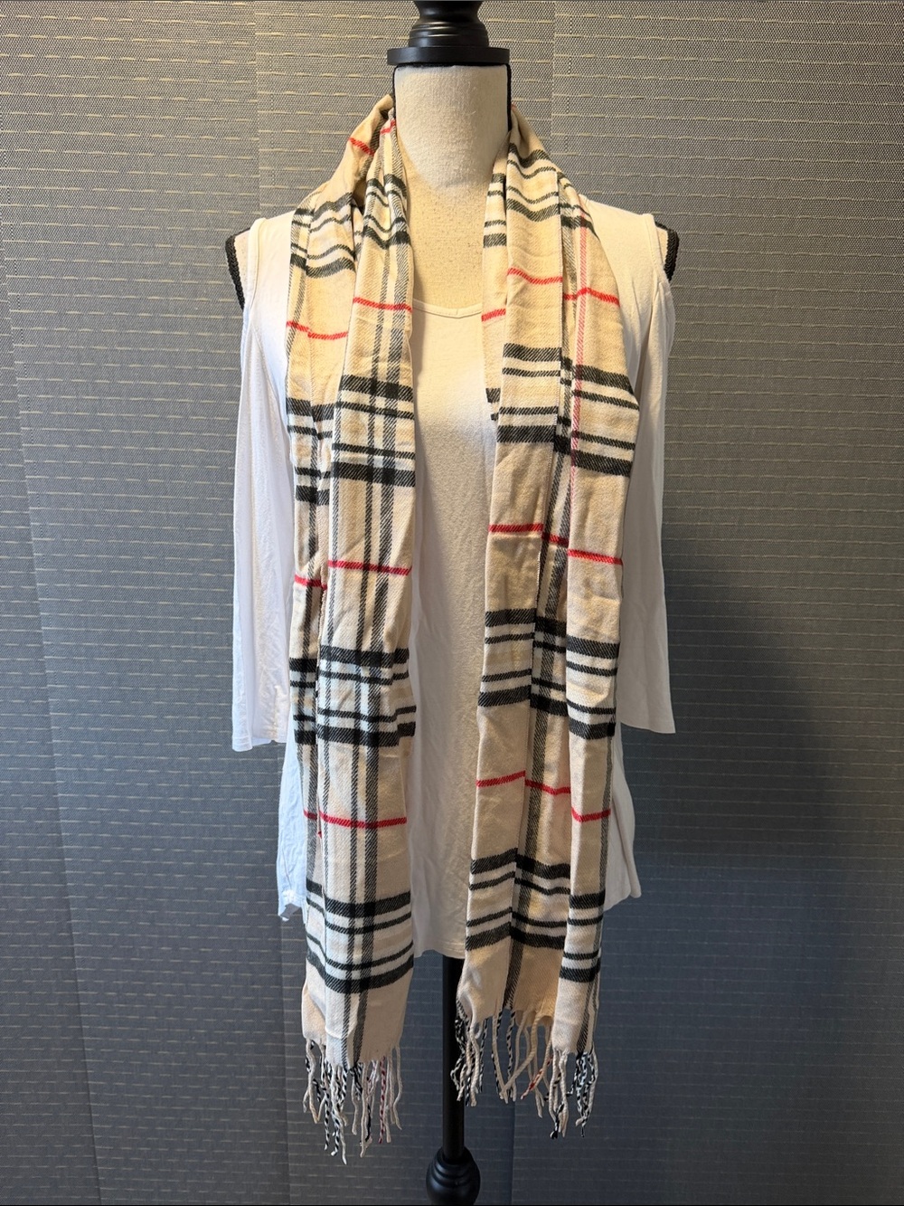 Tan Plaid Cashmere-Feel Fringe Scarf